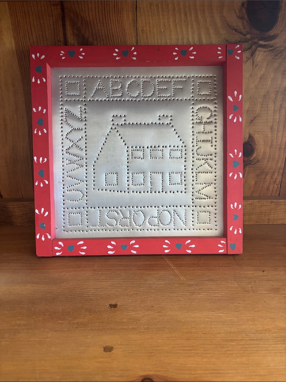 Handcrafted Red Painted Framed Pierced Tin House Sampler
